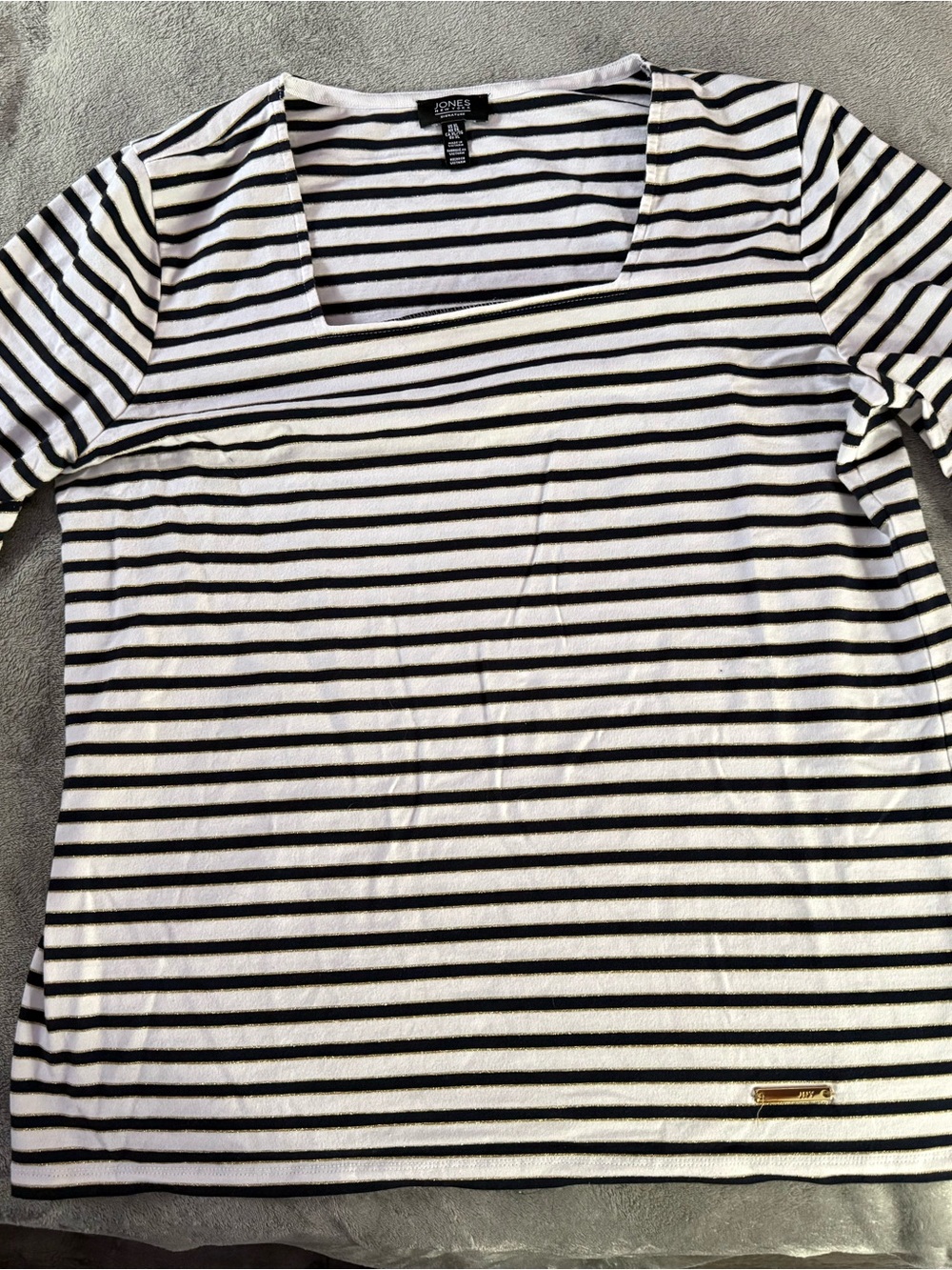 Jones New York Blue and gold and White Striped Square Neck Tee